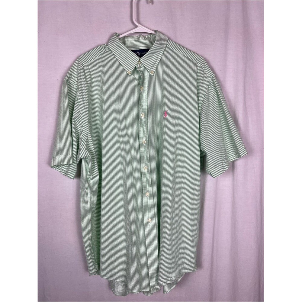 Polo Ralph Lauren Green and White Searsucker Classic Fit Short Sleeve Shirt